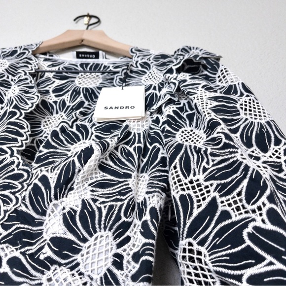 NWT Sandro Audrey Floral Embroidered Mini Dress XS Noir Flared Ruffle Eyelet - Picture 6 of 13